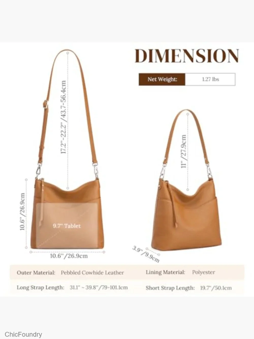 Medium Leather Tote Crossbody Hobo Bag with 2 Removable Straps